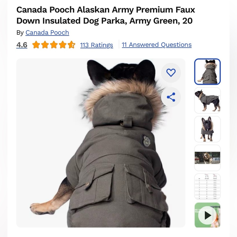 Canada Pooch Army Green/Gray Dog Parka size 8